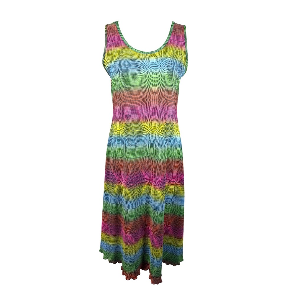 La Fete Dress Womens M Midi Multicolor Rainbow Geometric Ribbed Sleeveless